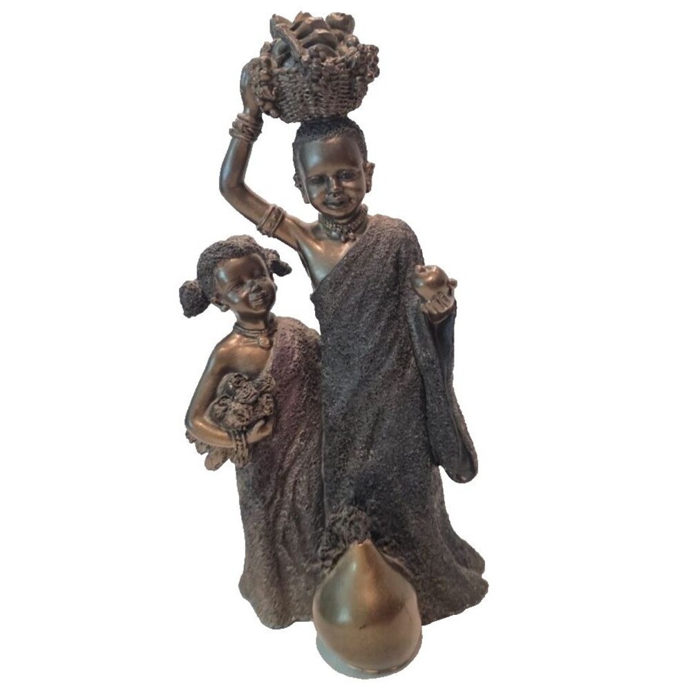 Cold Cast Bronze Maasai Statue African Girls Carrying Food Sculpture 8.5"